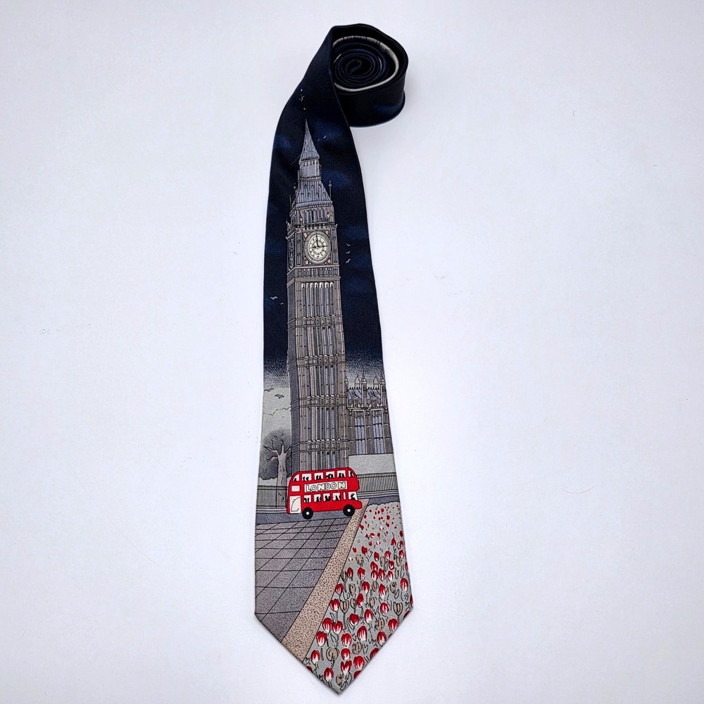 Elegance London Mens Silk Tie Big Ben Red Bus Italian Design Navy Blue 4 Inch